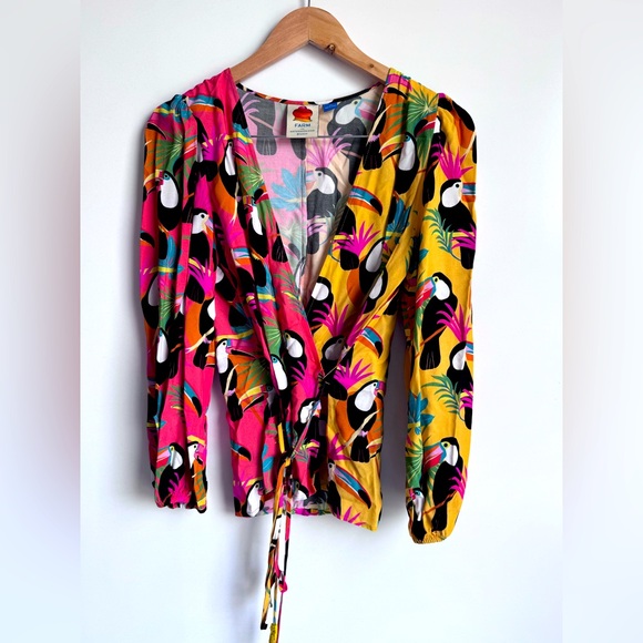 Anthropologie Farm Rio Top Toucan Wrap balloon pull sleeve XS oversized bright - Picture 1 of 11